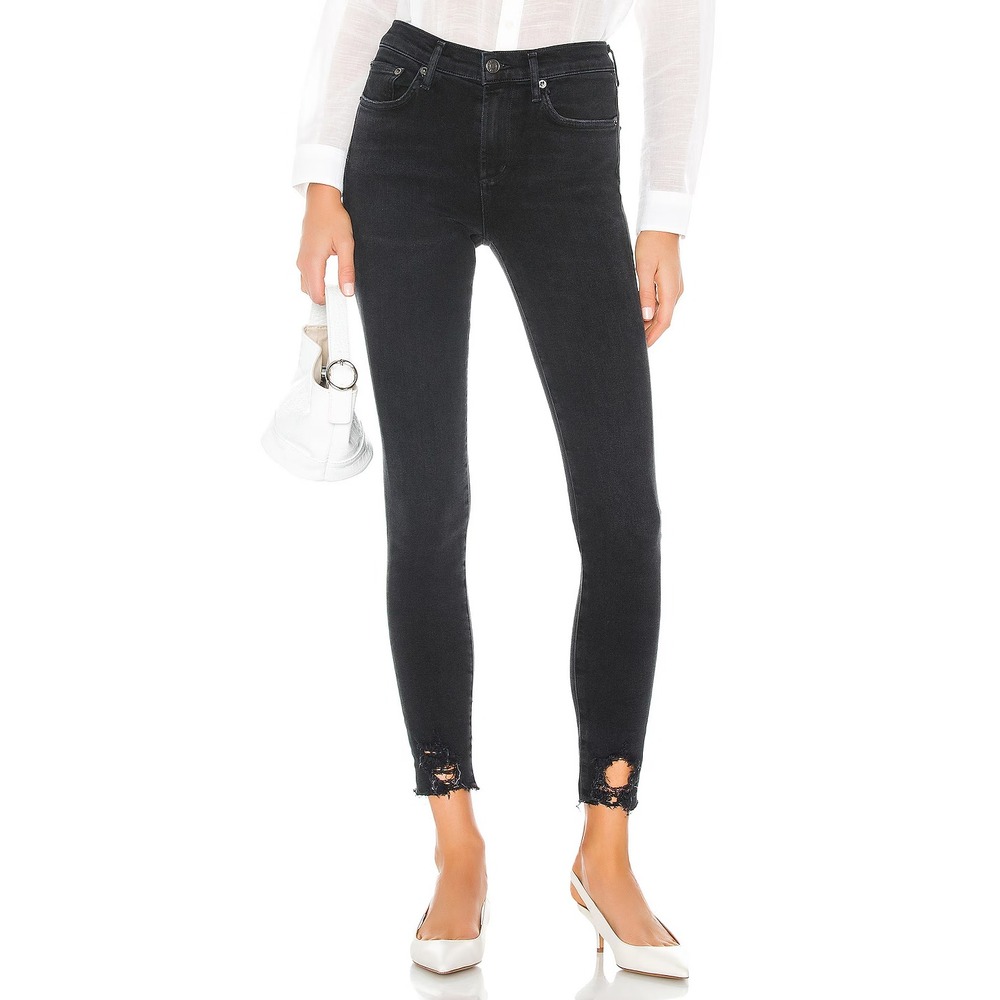 Agolde Sophie Ankle Jeans Raw Frayed Hem Faded Black Distressed Denim Size 26 - Picture 3 of 14